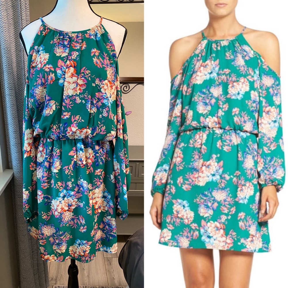 Charles Henry Cold Shoulder, Green with Florals Dress - Size XL